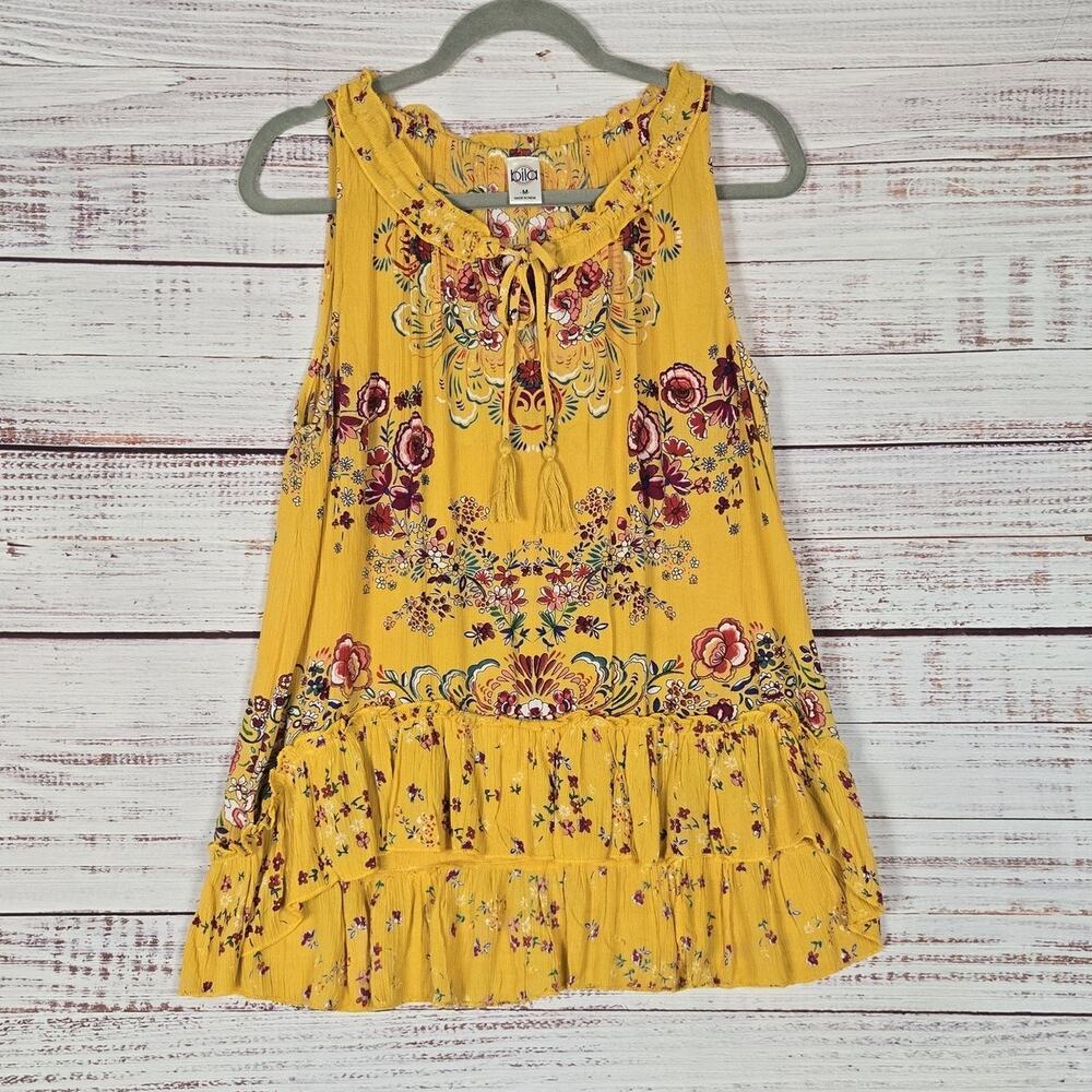 Bila Dress Womens Medium Yellow Floral Boho Sleeveless Ruffle Tiered Tunic Top